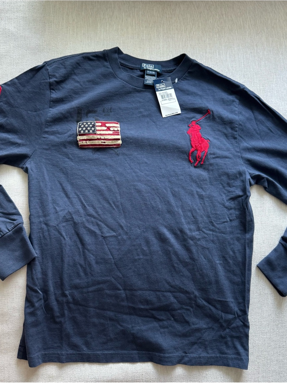 Polo Ralph Lauren Boys Big Pony American Flag Long Sleeve Shirt Navy M 10-12
